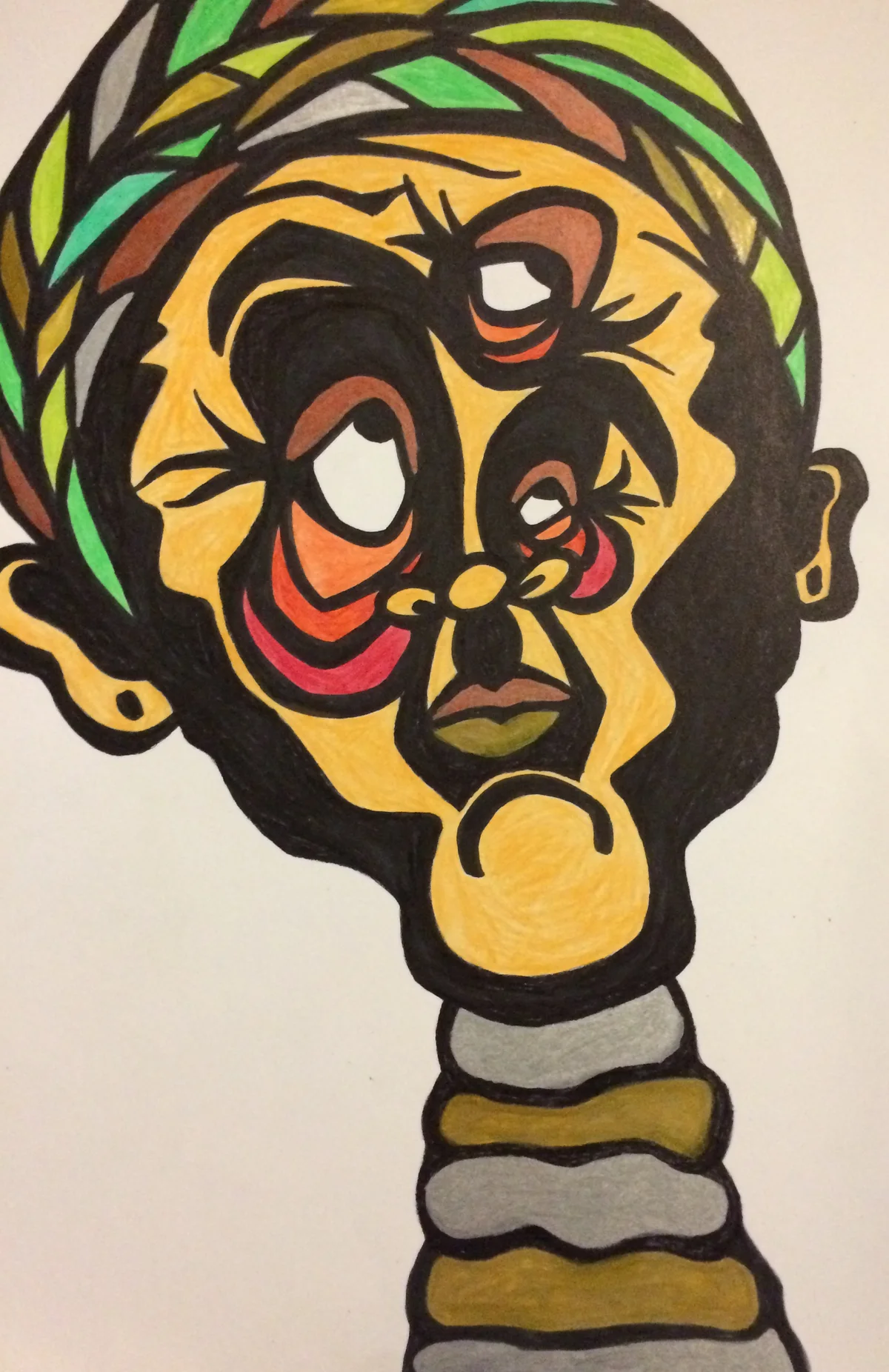 A bold original drawing of a Genie's face in black, gold and green, with a laurel of colour across the head.