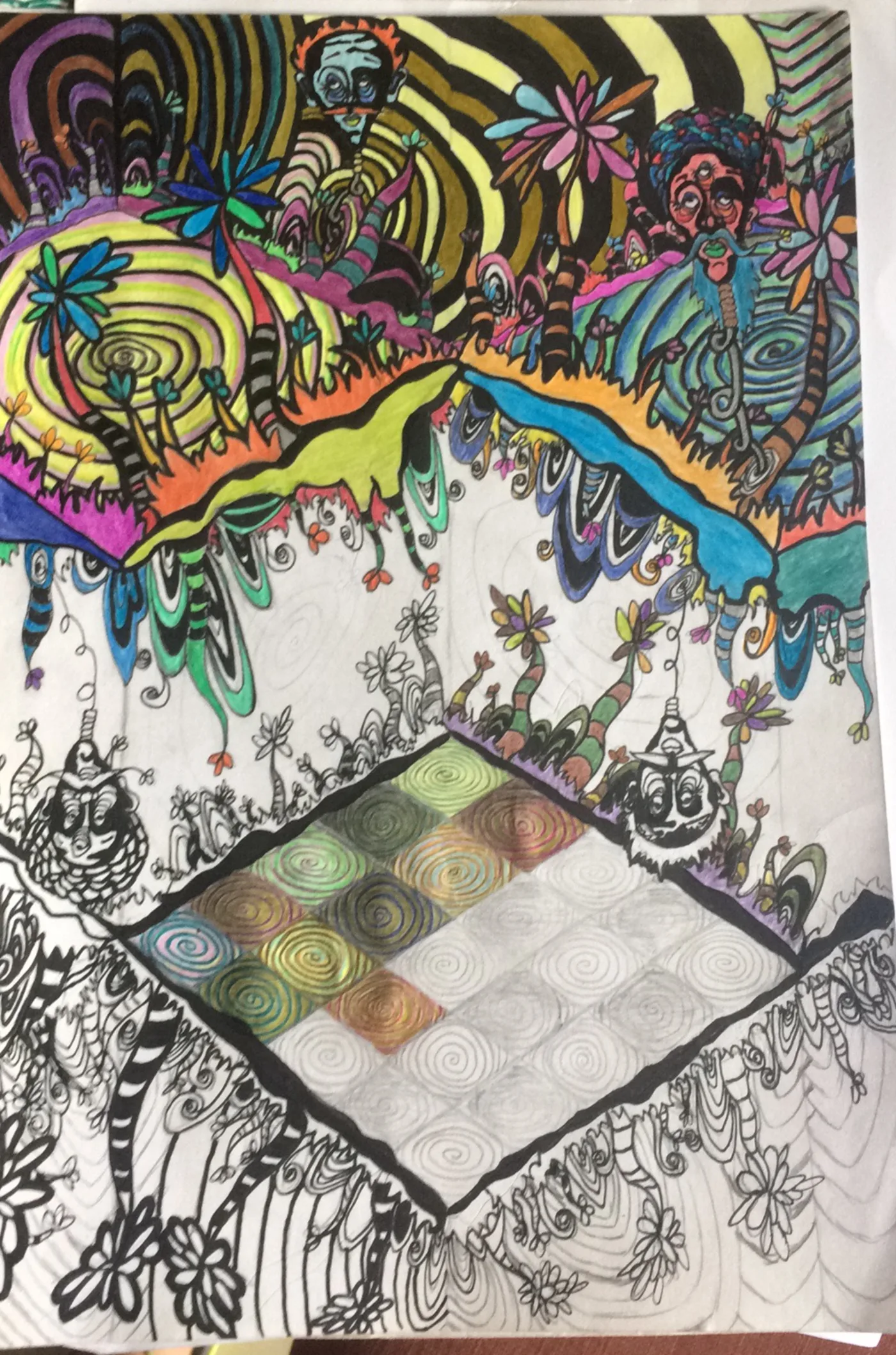 An original hand-drawn view of the Genie world: spiralling hills, small figures and a patterned ground.