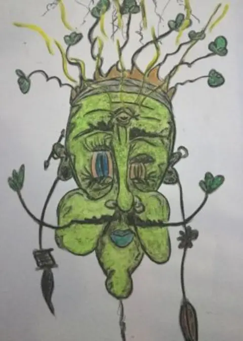 Johnny the Clover Lover, drawn in green: a face with clover stems growing from the head and shoulders.