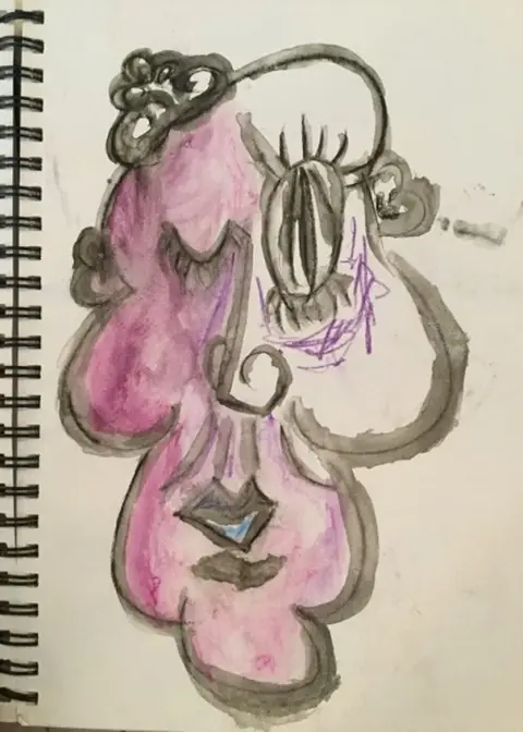 Johnny Eyelashes, drawn in pink and grey wash: a soft face dominated by one enormous curling eyelash.