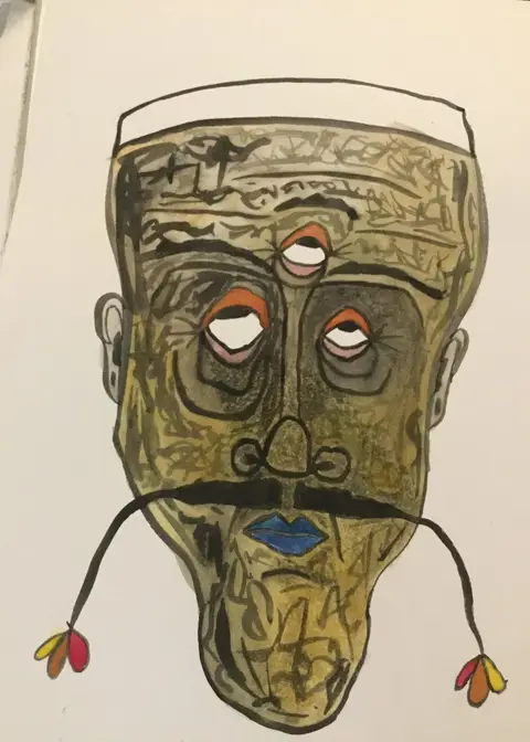 Johnny the Genius, drawn in gold and olive: a tall face with a wide hat and a moustache tipped with small flowers.