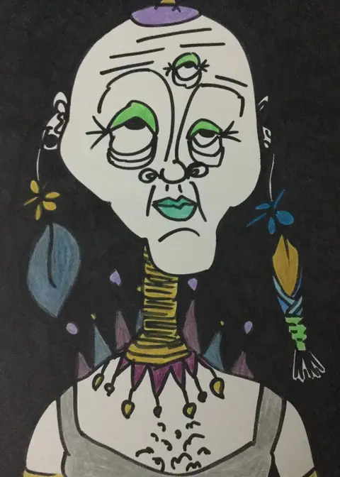 Johnny Greeneyes, drawn on black: a pale face with three green eyes and long beaded earrings.