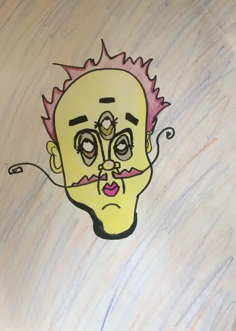Johnny the Lollipop, drawn in yellow: a round three-eyed face with a curling moustache and spiked pink hair.