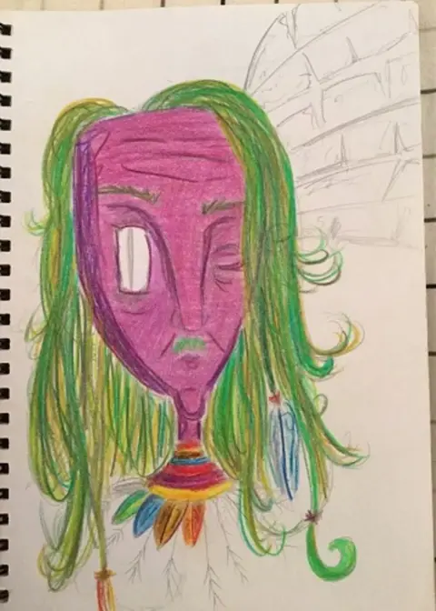 Maria Feather-ton, drawn in pink and green pencil: a face framed by long green hair and hanging feathers.