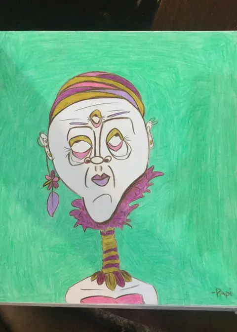 Johnny Paleskin, painted on green: a pale three-eyed face in a striped turban.