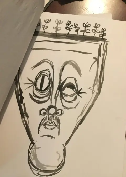 Johnny Plantseed, drawn in ink: a face beneath a band of small growing flowers.