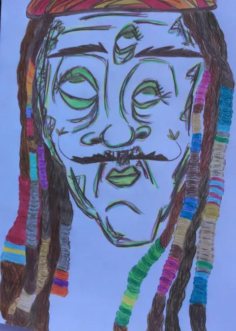 Johnny the Rastaman, drawn in blue and colour: a face with long beaded dreadlocks.
