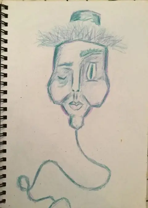 Johnny Straw-Hair, drawn in pale blue pencil: a narrow face under upright straw-like hair.