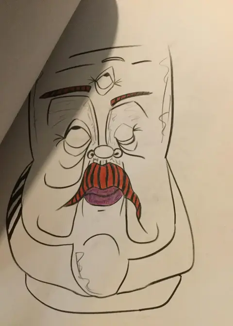 Uncle Johnny, drawn in ink: a long face with a heavy orange moustache and a rounded body.