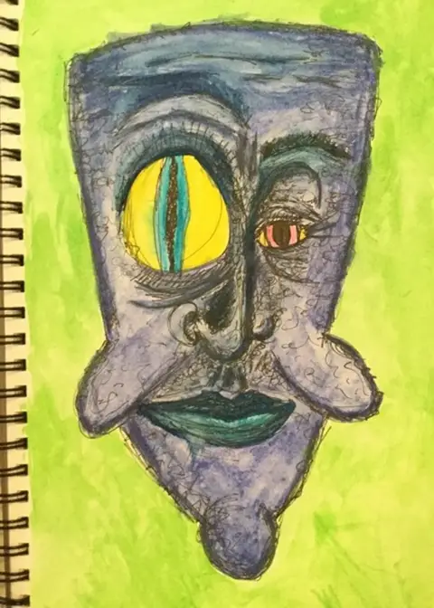 Johnny Yelloweyes, painted on yellow-green: a grey face with one large yellow eye.